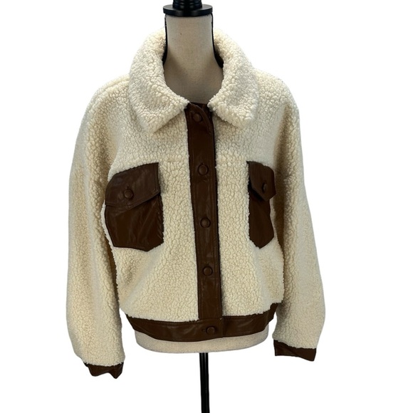 Riley & Ray Long Sleeve Teddy Faux Leather Detail Jacket - Cream - size Large - Picture 1 of 9